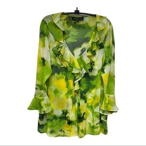 Jones New York Size Medium  Ruffled Top Bell Sleeve Green Yellow Floral